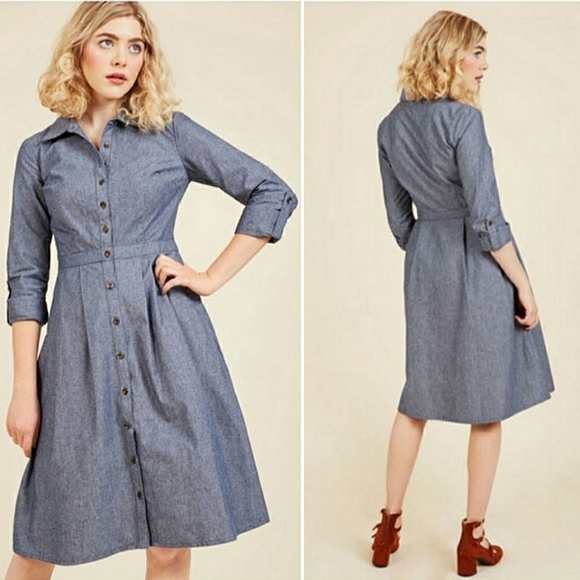 Modcloth Dresses Modcloth Broadcast Coordinator Blue Chambray Denim Button Down Midi Shirt